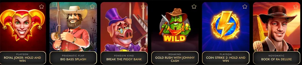 Row of casino game tiles showing “Royal Joker: Hold and Win”, “Big Bass Splash”, “Break the Piggy Bank”, “Gold Rush with Johnny Cash”, “Coin Strike 2: Hold and Win”, and “Book of Ra Deluxe”, each with colourful character or symbol artwork.