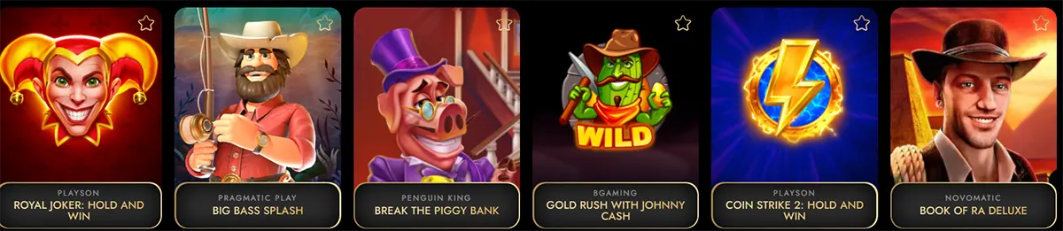 Row of casino game tiles showing “Royal Joker: Hold and Win”, “Big Bass Splash”, “Break the Piggy Bank”, “Gold Rush with Johnny Cash”, “Coin Strike 2: Hold and Win”, and “Book of Ra Deluxe”, each with colourful character or symbol artwork.