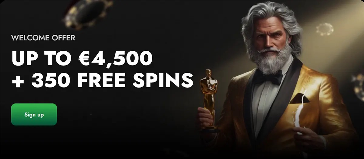 Dark casino welcome banner showing “WELCOME OFFER” and “UP TO €4,500 + 350 FREE SPINS” with a green “Sign up” button, alongside a silver-haired bearded man in a gold tuxedo holding a trophy and a lightning glow.