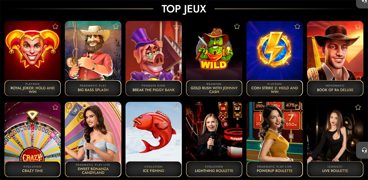“Top Jeux” casino games grid showing popular slots and live games, including Royal Joker Hold and Win, Big Bass Splash, Break the Piggy Bank, Gold Rush with Johnny Cash, Coin Strike 2 Hold and Win, Book of Ra Deluxe, Crazy Time, Sweet Bonanza Candyland, Ice Fishing, Lightning Roulette, Powerup Roulette, and Live Roulette, displayed as colorful game tiles on a dark interface.