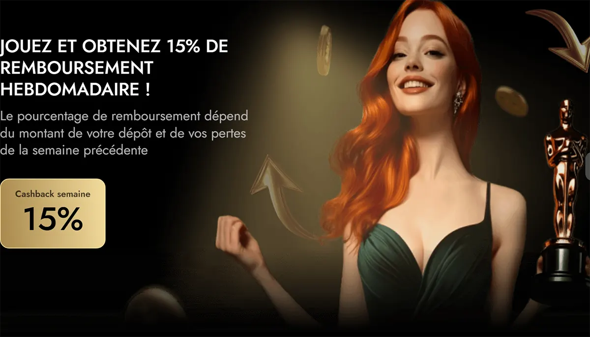 French weekly cashback promo banner saying “Jouez et obtenez 15% de remboursement hebdomadaire !” with a gold “Cashback semaine 15%” badge, featuring a smiling red-haired woman in a dark green dress, floating coins and arrows, and a gold trophy on a dark background.