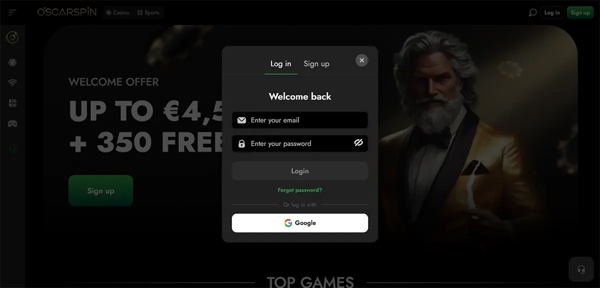 Oscarpin casino page with a centred “Welcome back” login pop-up showing email and password fields, a Login button, “Forgot password?” link, and a Google sign-in option over a dark promotional background with a man in a gold tuxedo.