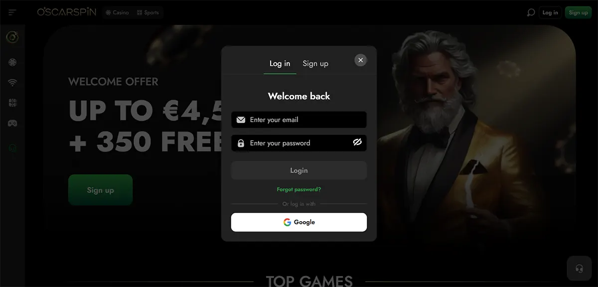 Oscarpin casino page with a centred “Welcome back” login pop-up showing email and password fields, a Login button, “Forgot password?” link, and a Google sign-in option over a dark promotional background with a man in a gold tuxedo.